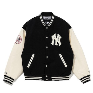 New York Baseball Varsity Jacket, Black Letterman Bomber with Contrast Sleeves, NYC Streetwear