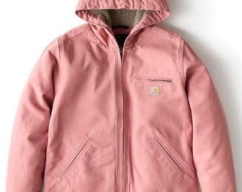 Carhartt Active Jacket, Dusty Rose Pink Carhartt Streetwear, Hooded Sherpa Lined Canvas Work Coat