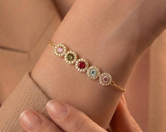 Family Birthstone Bracelet with Cubic Zirconia Frame Custom Multi Stone Bracelet Matching Birthstone Jewelry Personalized Couple Bracelet