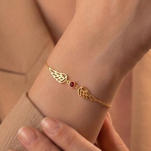 Birthstone Angel Wing Bracelet Custom Gemstone Bracelet Minimalist Wing Bracelet Dainty Birthstone Jewelry Guardian Angel Gift for Mom image 3