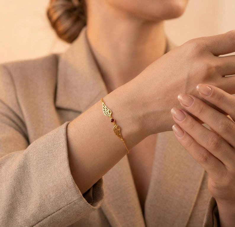 Birthstone Angel Wing Bracelet Custom Gemstone Bracelet Minimalist Wing Bracelet Dainty Birthstone Jewelry Guardian Angel Gift for Mom image 5