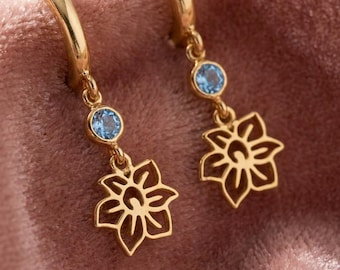 Birth Flower Hoop Earrings Birthstone Earrings Personalized Floral Dangle Earrings Tiny Birthstone Minimalist Flower Earrings Birthday Gifts