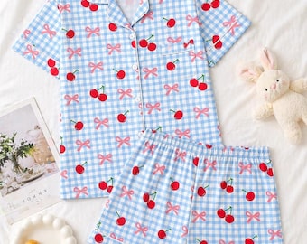 Cherry Bow Pajama Set, Blue Gingham Sleepwear, Cute Coquette PJs, Women Summer Lounge Set, Soft Button Down Nightwear, Girly Cherry Outfit