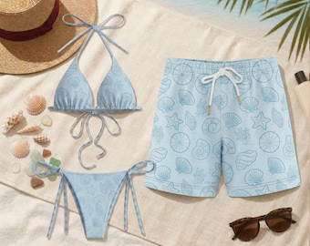 Light Blue Seashell Matching Couple Swimwear, Shell Print Blue Bikini and Men's Swim Trunks, Honeymoon Beachwear Set