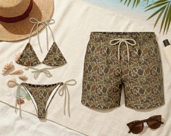 Matching Couple Swimwear Camo Print, His and Hers Camouflage Bathing Suit, Honeymoon Swimsuits, Camo Bikini and Men's Swim Trunks Set