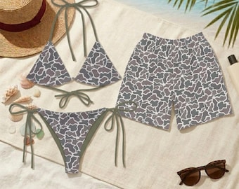 Duck Camo Matching Couple Swimwear Set, Women’s Bikini Two Piece & Men’s Shorts, Camouflage Beach Outfit, Summer Vacation Gift