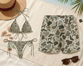 Retro Duck Camo Matching Couple Swimwear Set,Women’s Bikini Two Piece & Men’s Shorts,Vintage Hunting Camouflage Swimwear,Couple Beach Outfit