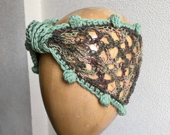 Sojourn Bandana in Peridot & Camouflage/Crochet Mesh Headband/Hemp Cotton Turban Headband/Crochet Hemp Mesh Turban/Hemp Headwrap