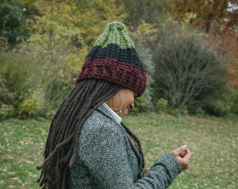 The Seven Ski Hat in Red Black & Green/Chunky Winter Hat/RBG Ski Hat/Chunky Crochet Hat/Ready to Ship/ Oversized Winter Hat