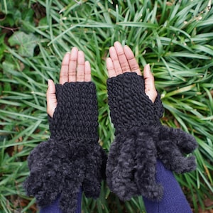 Ebony Empress Fingerless Gloves with Faux Fur Detail/Black Crochet Fingerless Gloves/Wool Hand Warmers/Crochet Wool Mittens/Black Wool Mitts image 1