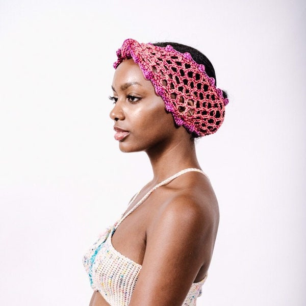 Sojourn Bandana in Coral Majesty/Crochet Headband/Metallic Cotton Mesh Turban/Mesh Bonnet