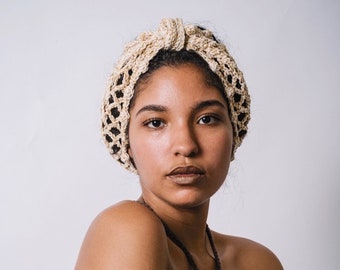 Sojourn Bandana in Putty Gold Dust/Crochet Turban Headband/Neutral Cotton Mesh Headband/Long Crochet Metallic Mesh Headband