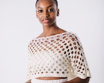 Sailin' On Crop Tee in Clouds/ White Hemp Cotton Crochet Tee/Handmade Crochet Crop Tee/Cropped Mesh Top