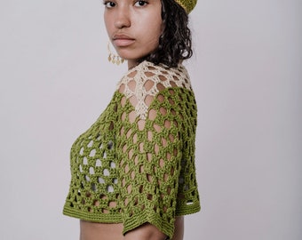 Sailin' On Crop Tee in Grass and Putty /Green Crochet Top/Handmade Crochet Top/Crochet Half Sleeve Tee/Crochet Bamboo Cropped Sweater