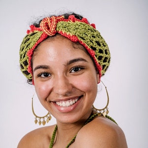 Sojourn Bandana in Lion/ Red Gold & Green Mesh Crochet Turban/Cotton Mesh Headband/Long Crochet Mesh Headwrap/Crochet Headband/Mesh Bonnet