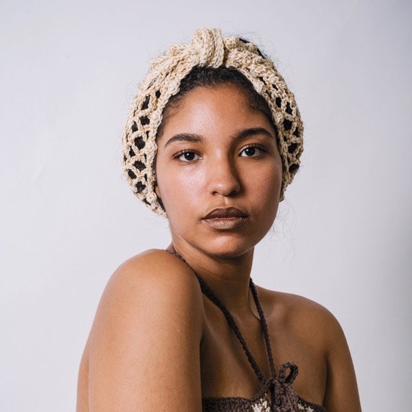 Sojourn Bandana Bonnet in Putty Gold Dust/Crochet Turban Headband/Sparkling Bonnet/Long Crochet Metallic Mesh Headband/Mesh Cream Bonnet