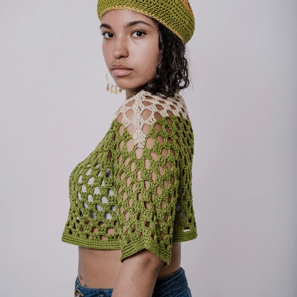 Sailin' On Crop Tee in Grass and Putty /Green Crochet Top/Handmade Crochet Top/Crochet Half Sleeve Tee/Crochet Bamboo Cropped Sweater