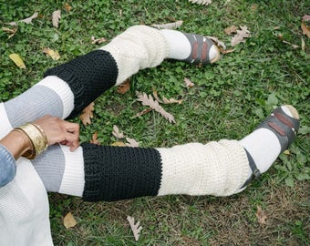 Ebony & Ivory Wool Leg Warmers/Wool Crochet Leg Warmers/Knee High Leg Warmers/Handmade Leg Warmers/ Chunky Leg Warmers