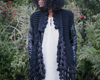 The Konjo Sweater Vest/Super Chunky Wool Black Sweater/ Crochet Cardigan/Chunky Yarn Black Vest/Chunky Knit Vest/Oversized Crochet Vest