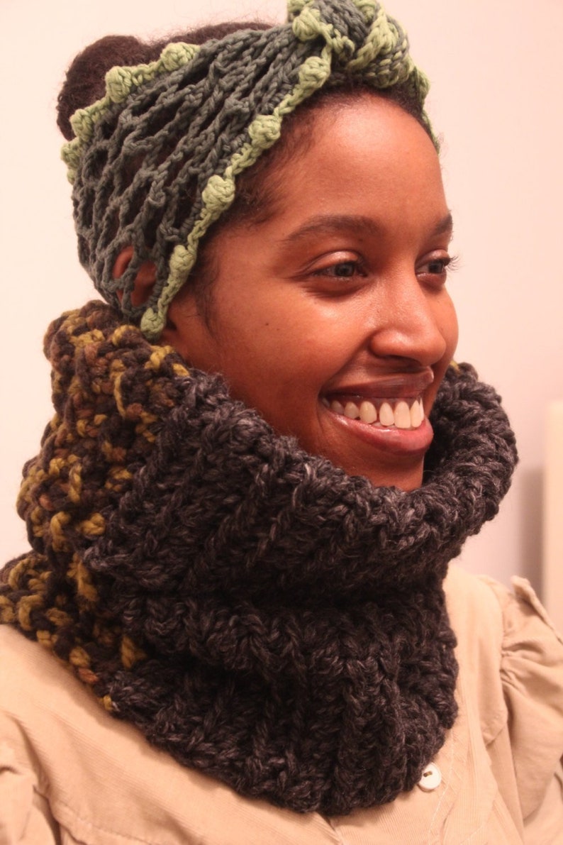 The Seed Neckwarmer in Charcoal, Camouflage and Grass/Crochet Neck Warmer/Soft Chunky Crochet Snood/Chunky Crochet Neck Warmer image 1