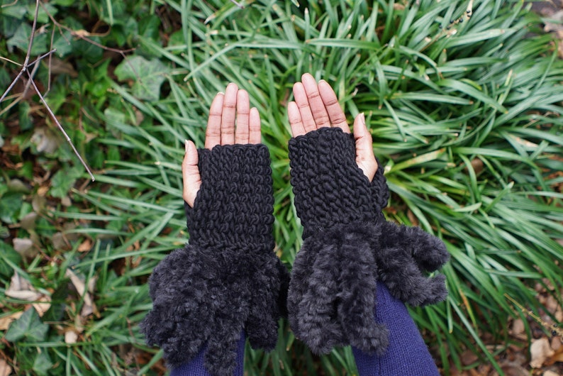 Ebony Empress Fingerless Gloves with Faux Fur Detail/Black Crochet Fingerless Gloves/Wool Hand Warmers/Crochet Wool Mittens/Black Wool Mitts image 1