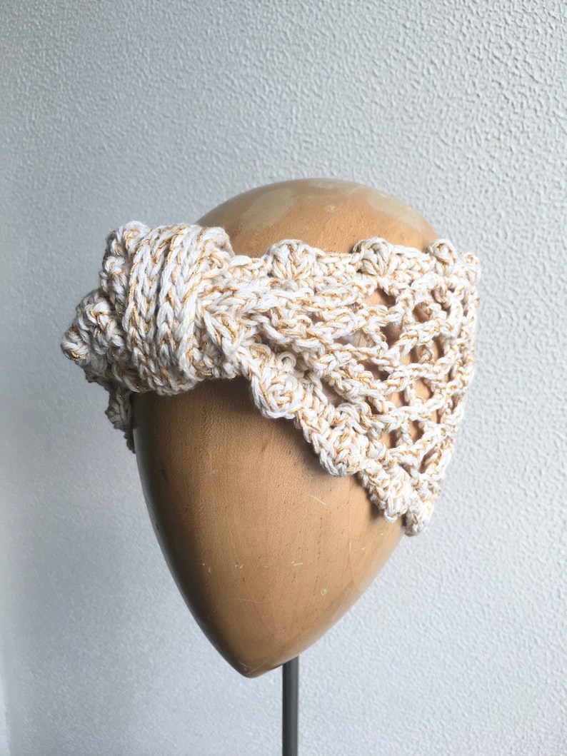 Sojourn Bandana in Putty Gold Dust/Crochet Turban Headband/Neutral Cotton Mesh Headband/Long Crochet Metallic Mesh Headband image 3