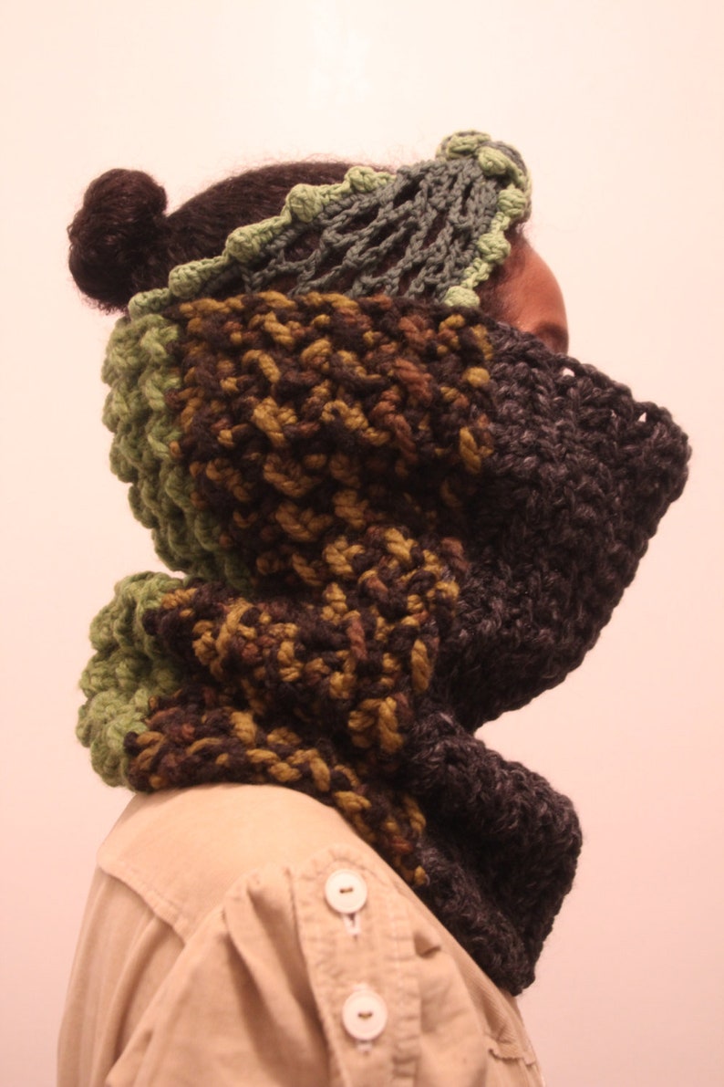 The Seed Neckwarmer in Charcoal, Camouflage and Grass/Crochet Neck Warmer/Soft Chunky Crochet Snood/Chunky Crochet Neck Warmer image 2