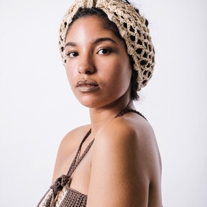 Sojourn Bandana in Putty Gold Dust/Crochet Turban Headband/Neutral Cotton Mesh Headband/Long Crochet Metallic Mesh Headband image 2