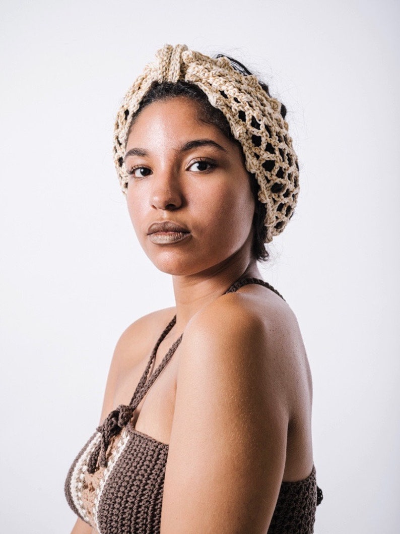 Sojourn Bandana in Putty Gold Dust/Crochet Turban Headband/Neutral Cotton Mesh Headband/Long Crochet Metallic Mesh Headband image 2