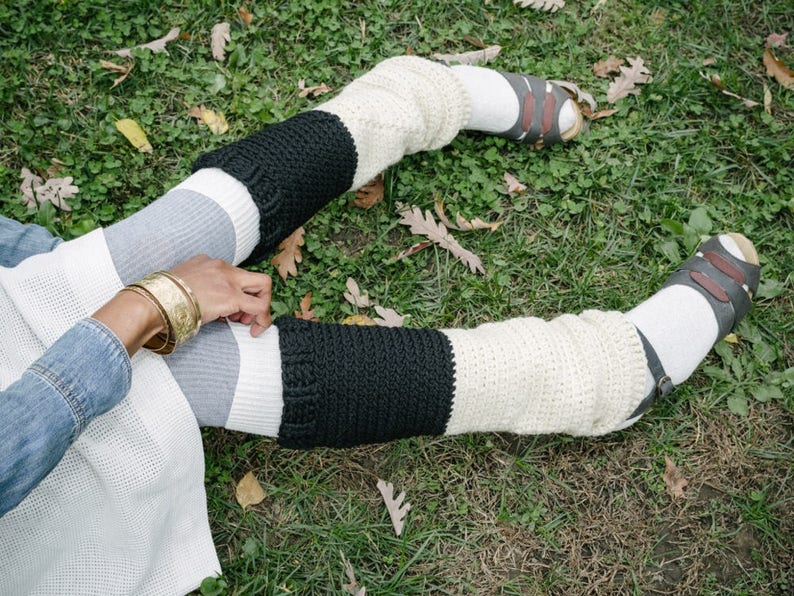 Ebony & Ivory Wool Leg Warmers/Wool Crochet Leg Warmers/Knee High Leg Warmers/Handmade Leg Warmers/ Chunky Leg Warmers image 1