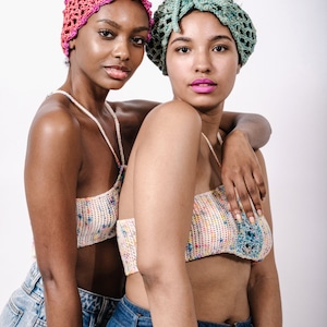 Sojourn Bandana in Peridot Sea Sparkle/Sea Green Turban Headwrap/Long Crochet Mesh Headband/Sparkling Crochet Bonnet/Cotton Mesh Bonnet