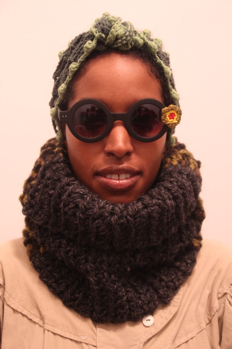 The Seed Neckwarmer in Charcoal, Camouflage and Grass/Crochet Neck Warmer/Soft Chunky Crochet Snood/Chunky Crochet Neck Warmer image 3