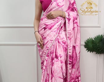 Partywear Satin Sarees for women with Pearl Laces, Printed Sarees Blouse Stitch USA