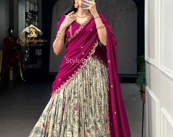 Lehenga choli de seda Tasar de designer para mulheres com estampa kalamkari, roupa feminina para casamento.