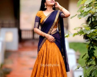Conjunto moderno de lehenga meio sari de seda Dola para mulheres, Pavadai Sattai personalizado, roupa para Onam.