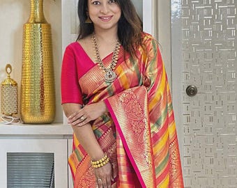 Multicolor Banarasi Soft silk Saree for women Wedding Saree Blouse Stitch USA