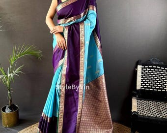Blue Purple Gadhwal Soft Silk Saree for women, Wedding Pattu silk sarees with blouse Stitch