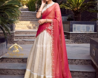 Lehenga Onam Off white Jacquard Silk Half Saree para mulheres, Lehengas de festival para meninas