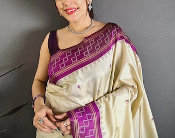 Off White Gadwal Soft Silk Saree for women with Purple Border – Wedding Wear Sarees