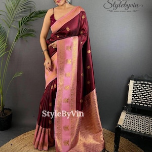 Maroon Gadhwal Soft Silk Saree for women, Wedding Pattu silk sarees with blouse Stitch