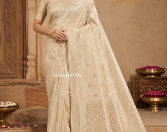 Golden Kanjivaram Soft Silk Saree for women, Designer Wedding Party Wear Sarees Blouse