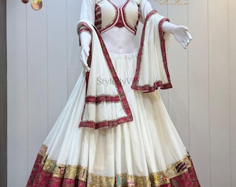 Navratri especial algodão branco Lehenga choli para mulheres Garba Chaniya choli, roupa Gujarati chaniya choli