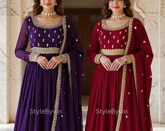 Vestido Anarkali bordado para mulheres, vestido para festa de casamento indiana, vestido festivo.