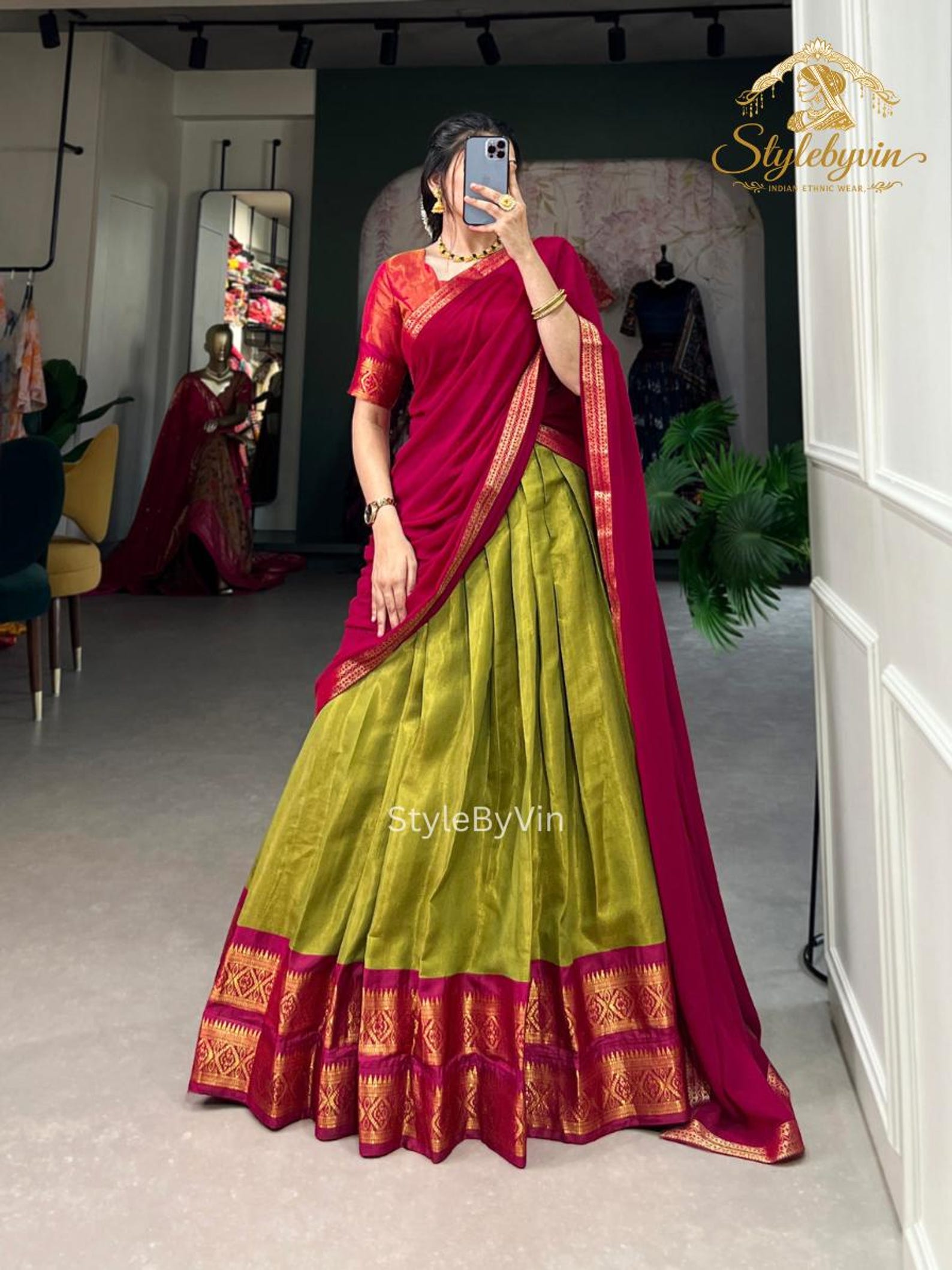 Green Kanchipuram Silk Half Saree Lehenga Set for women, Onam Outfit for women
