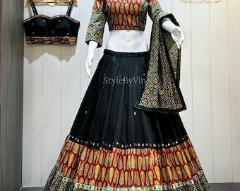 Navratri preto algodão seda lehenga choli para mulher garba chaniya choli, roupa gujarati chaniya choli