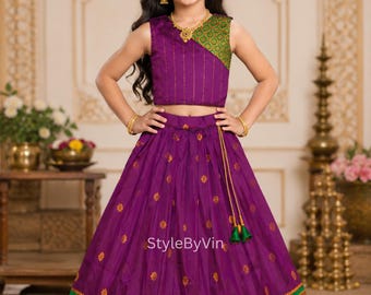 Crianças de seda macia Naraynpet Lehenga para meninas, mini Pattu Pavadai Sattai, vestido infantil festivo