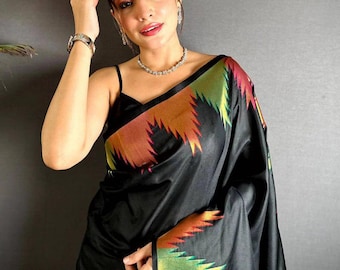 New  Black Soft Lichi Silk Saree for women with Temple Border,Indian Sarees blouse