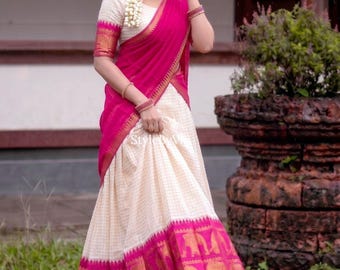 White Cotton Silk Onam Half Saree Lehenga Set, Customized Lehenga Choli, Made to Order Onam Outfit, half Saree kerala