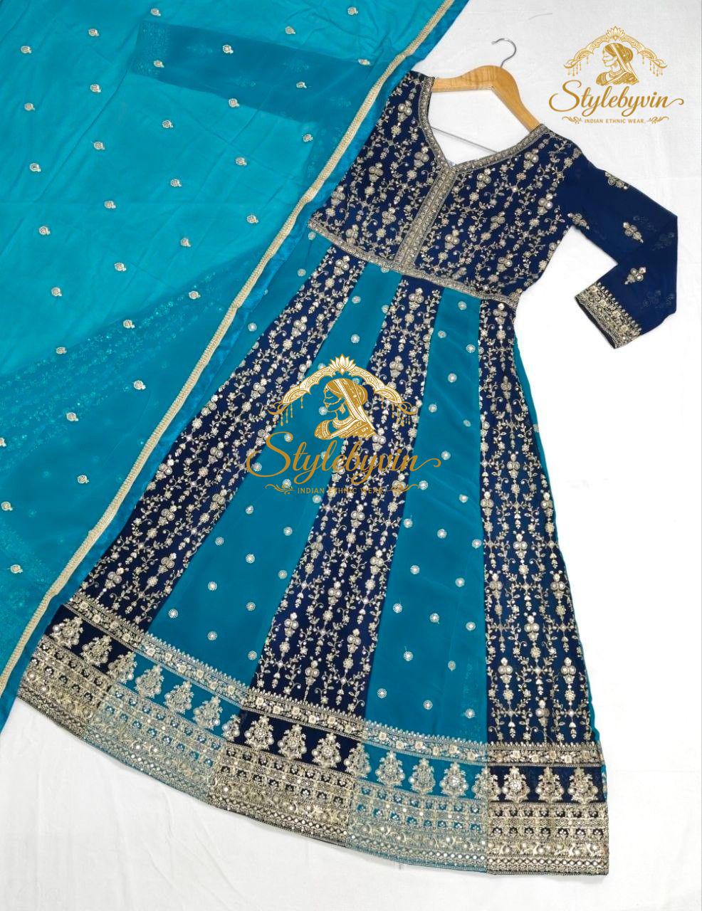 Vestido Anarkali azul bordado para mujer, vestidos de fiesta para bodas indias, vestido festivo
