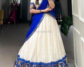 Lehenga meio sari em algodão e seda branca para o Onam, conjunto Pattu Pavadai para meninas.